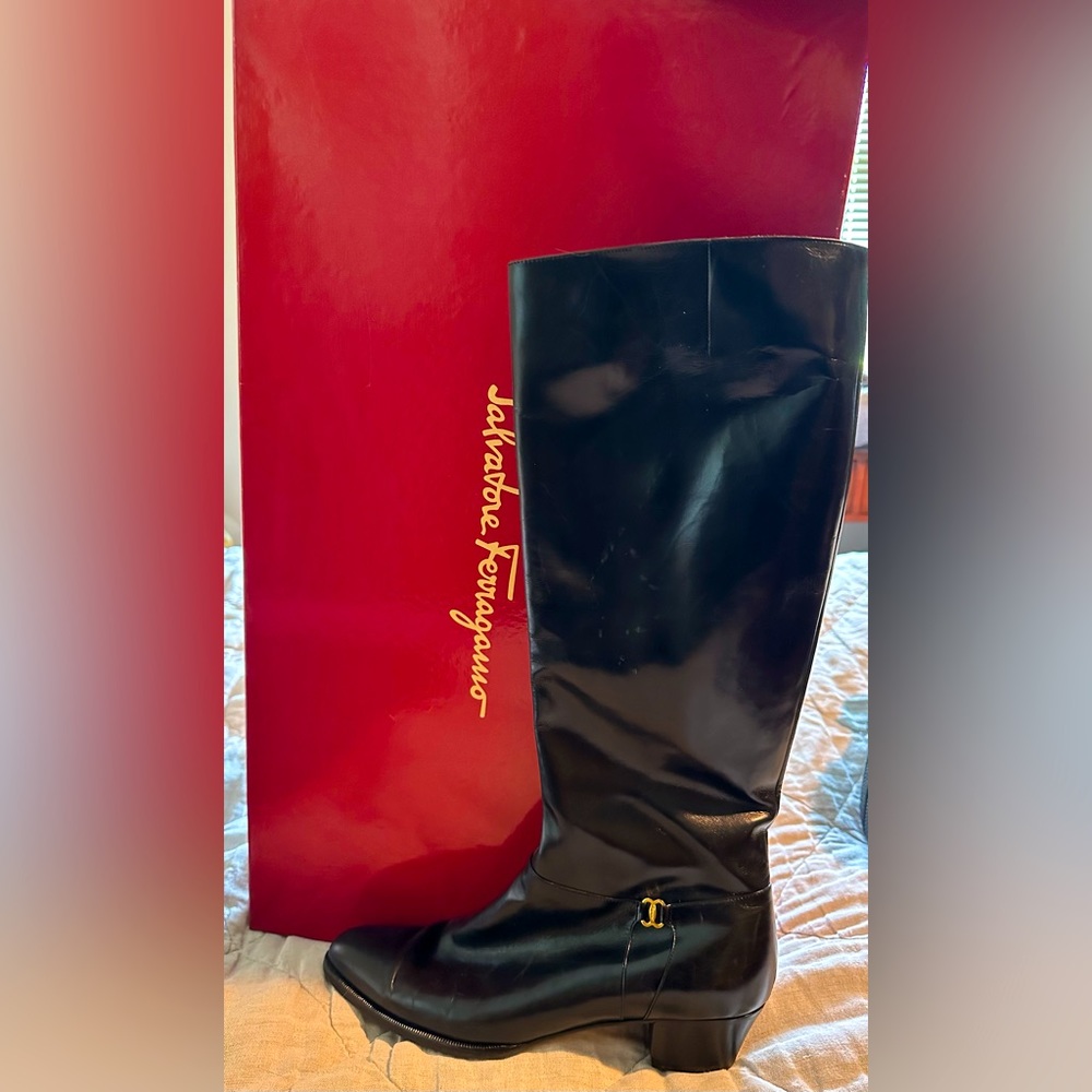 Ferragamo mid calf leather boot.